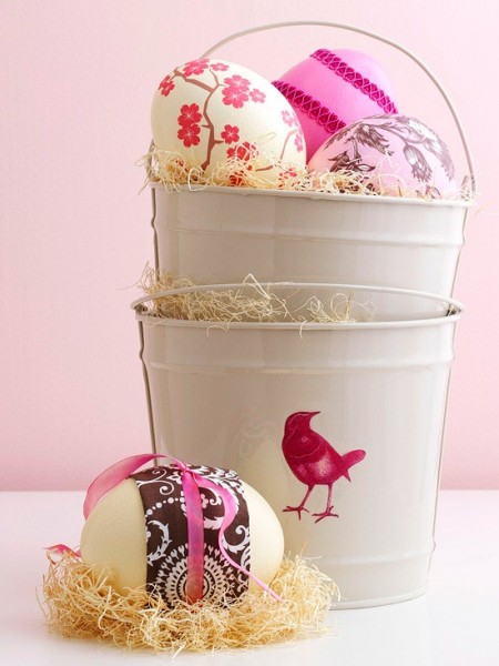 Colorful Easter eggs in a metal pail– Easter Basket and Eggs Ideas for Decorations in Many Colors