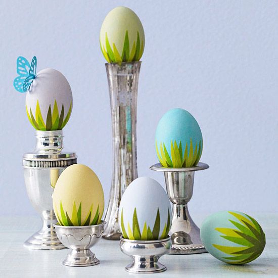 Decorative eggs with funny grass design– Easter Basket and Eggs Ideas for Decorations in Many Colors