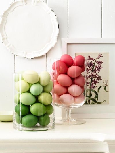 Green and red Ombre Easter Eggs in hurricane jars– Easter Basket and Eggs Ideas for Decorations in Many Colors