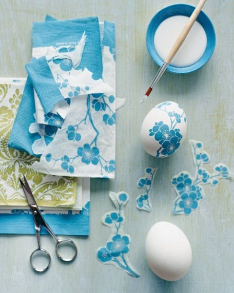 Paper napkin decoupage Easter eggs in blue– Easter Basket and Eggs Ideas for Decorations in Many Colors